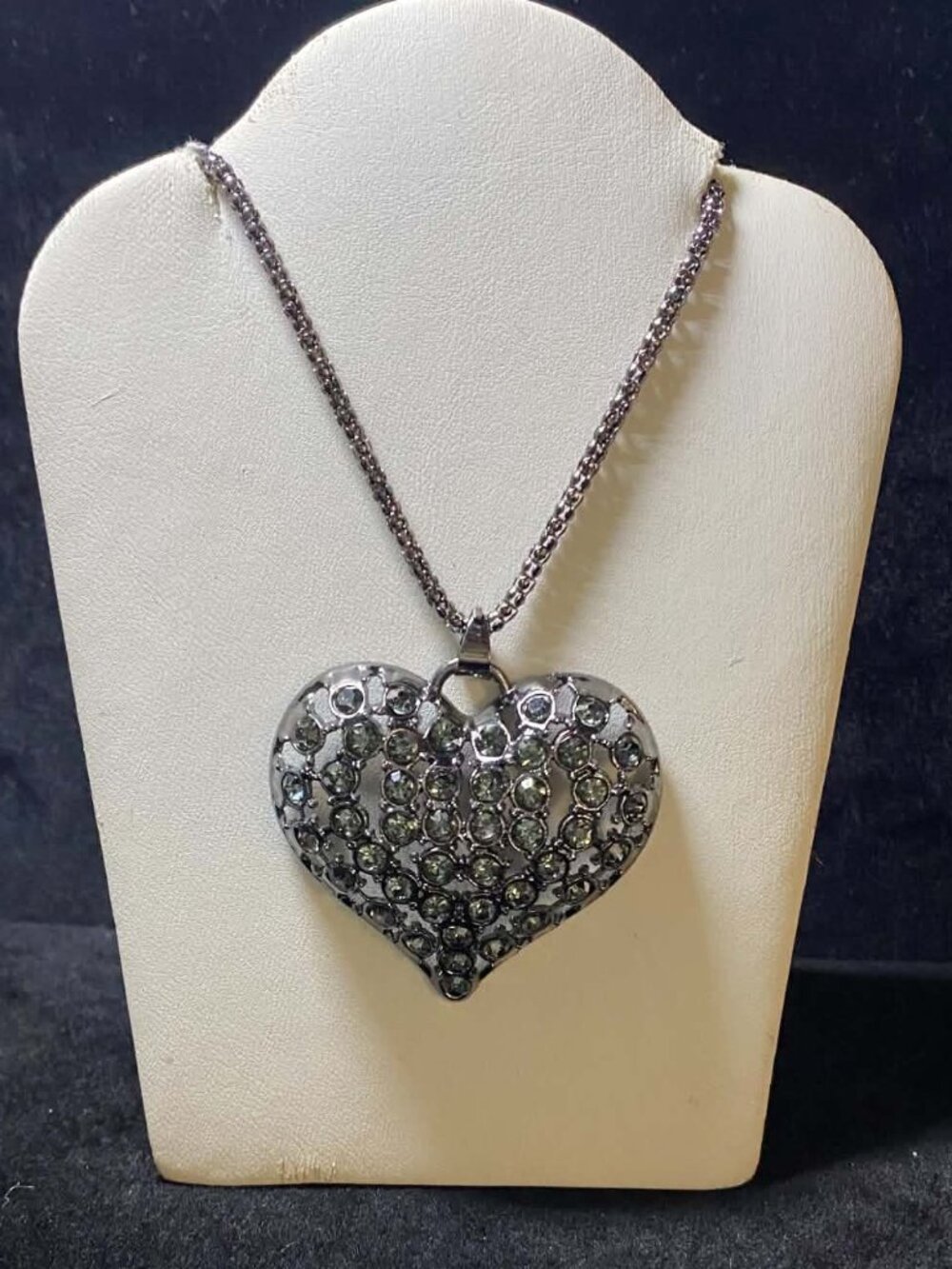 Encrusted Large Black Heart Rhinestone Pendant Necklace Sweater Weather Gift